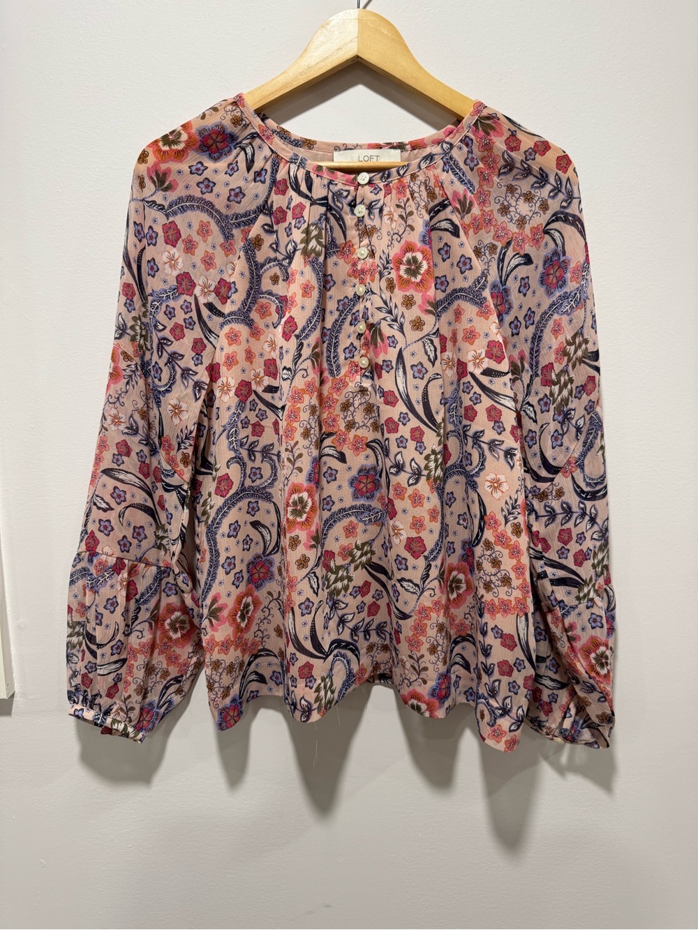 LOFT Pink Floral Paisley Bubble Long Sleeve Henley Blouse Boho Size M